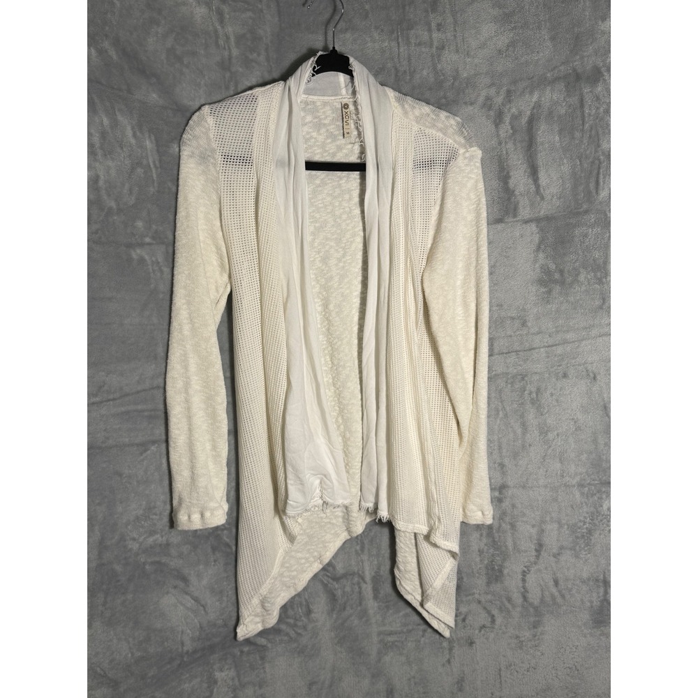 XCVI Womens white Mesh Panel Open Front Draped Cardigan Frayed Edge‎ Size M